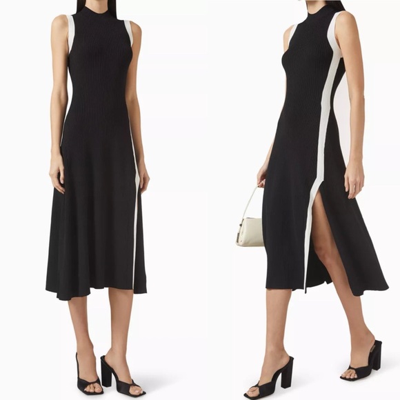 MAJE Contrast-trim Flared Stretch-knit Dress In Black- size medium like new - Picture 1 of 16